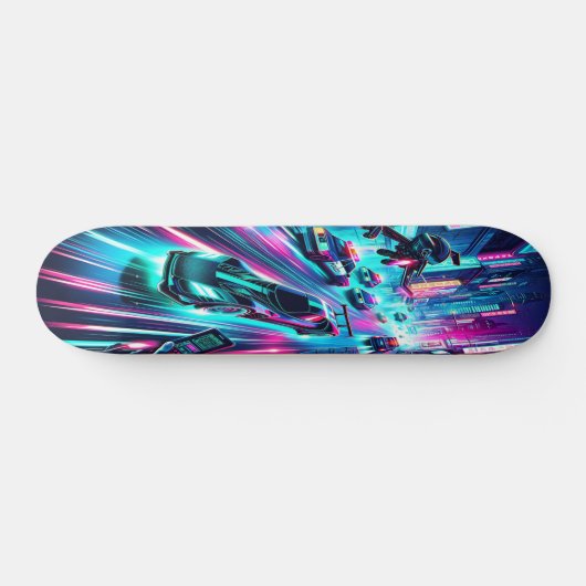 "Neon Velocity: Cyberpunk Chase Skateboard (Horizontal)