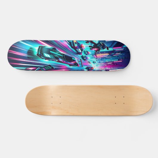 "Neon Velocity: Cyberpunk Chase Skateboard (Horizontal)