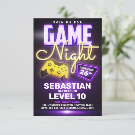 Neon Video Game Birthday Party Fun Gaming Einladung (Stehend Vorderseite)