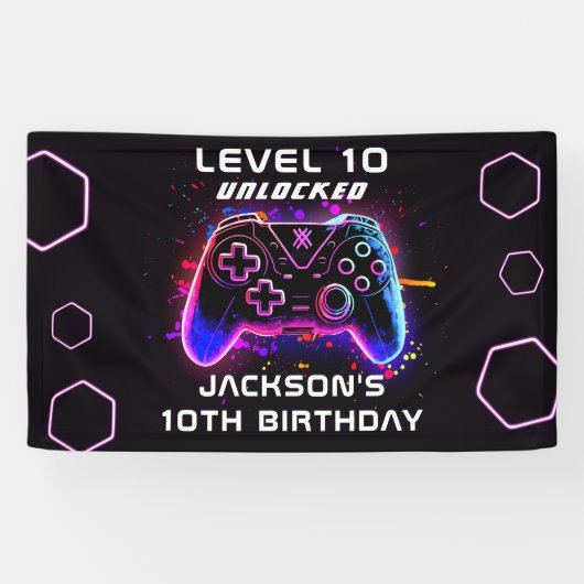Neon Video Game Party Kindergeburtstag Gamer Banner (Horizontal)