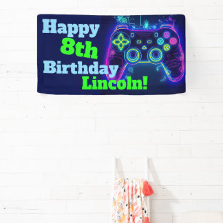 Neon Video Gamer Arcade Gaming Happy Birthday Banner