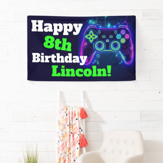Neon Video Gamer Arcade Gaming Happy Birthday Banner (Insitu)