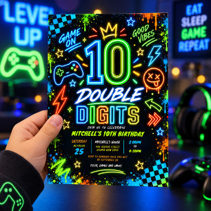 Neon-Videospiel-Doppelziffer-Junge 10. Geburtstag Einladung