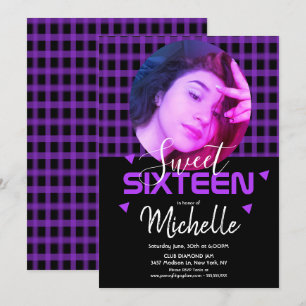 Neon-Violette Sweet Sixteen Foto-Raster Einladung