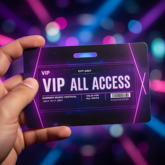 Neon VIP All-Access-Pass-Vorlage mit QR-Code Ausweis