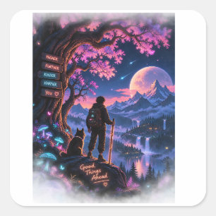 Neon-Wald-Wanderer-Abenteuer-Fantasy Quadratischer Aufkleber