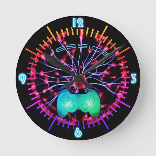 NEON Wall Clock Girl Gamers Plasma Ball Runde Wanduhr (Vorderseite)