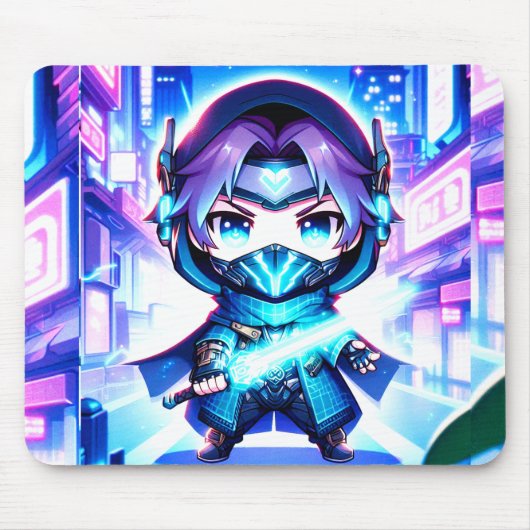 Neon Warrior - Chibi Cyber Ninja Mousepad (Vorne)