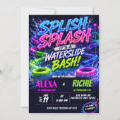 Neon-Wasserrutsche-Bash-Junge-Mädchen-Geschwister- Einladung (Vorderseite)