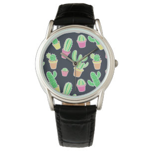 Neon Watercolor Cacti in Pots Pattern Armbanduhr