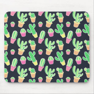 Neon Watercolor Cacti in Pots Pattern Mousepad