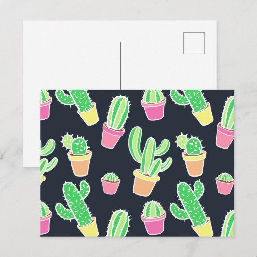 Neon Watercolor Cacti in Pots Pattern Postkarte (Vorne/Hinten)