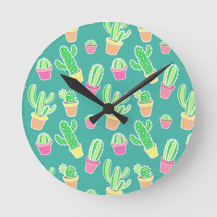 Neon Watercolor Cactus In Pots Pattern Runde Wanduhr