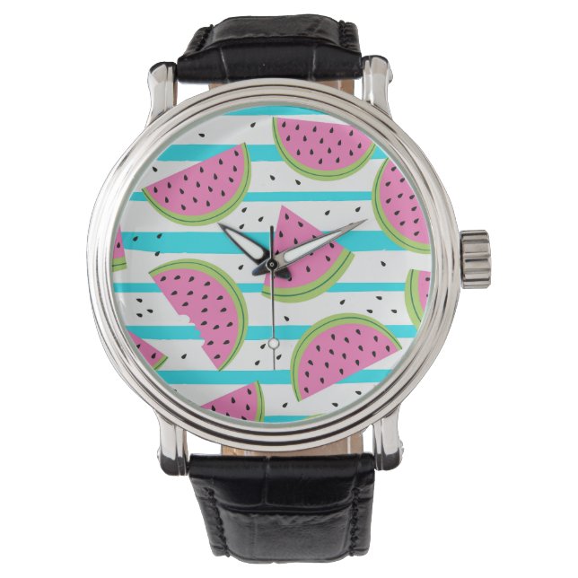 Neon Watermelon on Stripes Muster Armbanduhr (Vorderseite)