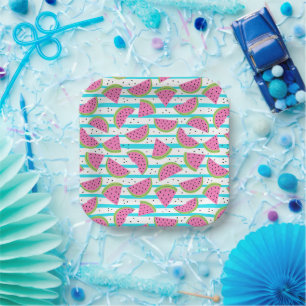 Neon Watermelon on Stripes Muster Pappteller