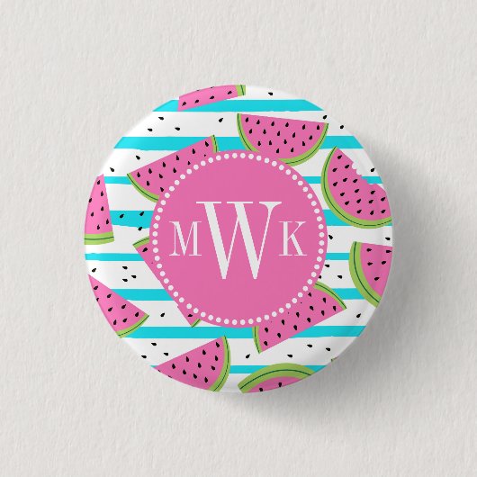 Neon Watermelon on Stripes Pattern Button (Vorderseite)