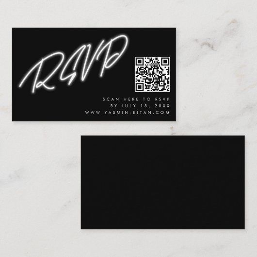 Neon White Script Black QR Code Wedding RSVP Begleitkarte (Vorne/Hinten)