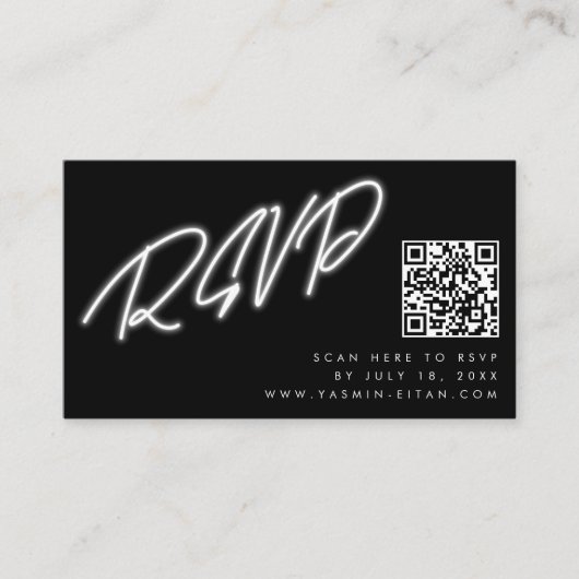 Neon White Script Black QR Code Wedding RSVP Begleitkarte (Vorderseite)