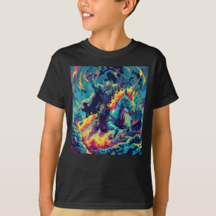 Neon Wikinger Krieger reitet auf einem flammenden T-Shirt