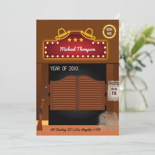 Neon Wild West Cowboy themed Graduation Party Invi Einladung (Stehend Vorderseite)