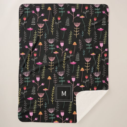 Neon Wildblumen auf schwarz, mit Monogramm Sherpadecke (Vorderseite)