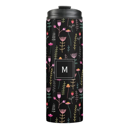 Neon Wildblumen auf schwarz, mit Monogramm Thermosbecher (Vorderseite)