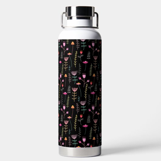 Neon Wildblumen auf schwarz, mit Monogramm Trinkflasche (Rückseite)