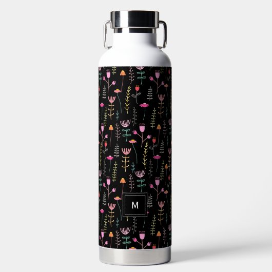 Neon Wildblumen auf schwarz, mit Monogramm Trinkflasche (Vorderseite)