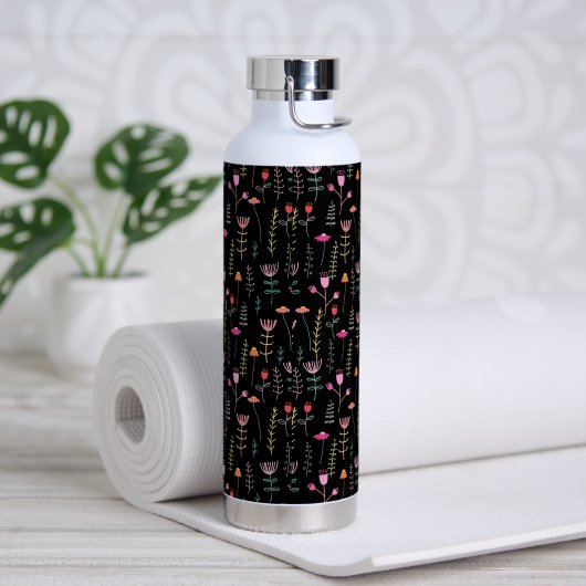 Neon Wildblumen auf schwarz, mit Monogramm Trinkflasche (Yoga)