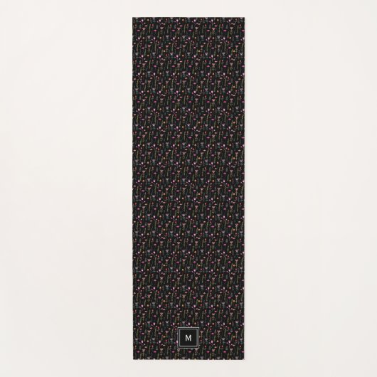 Neon Wildblumen auf schwarz, Mit Monogramm Yogamatte (Vorderseite)