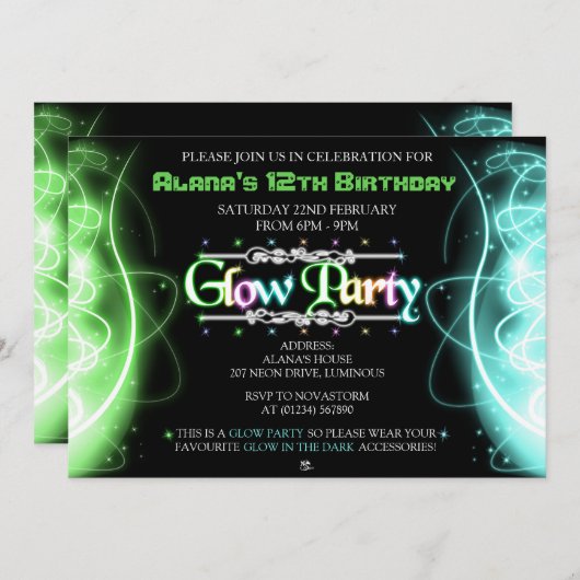 Neon Wirbel Glow Party Einladungen (Vorne/Hinten)