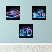 Neon Wireframe Vehicle Art - Futuristic Design Set (Holzboden)
