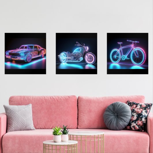 Neon Wireframe Vehicle Art - Futuristic Design Set (Wohnzimmer)