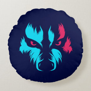 Neon-Wolf-Gesicht Rundes Kissen