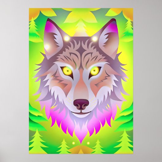 Neon Wolf im Abstrakten Wald Poster (Vorne)