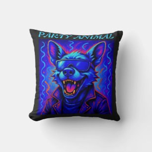 Neon Wolf Party Animal – Farbintensives Retro-Graf Kissen