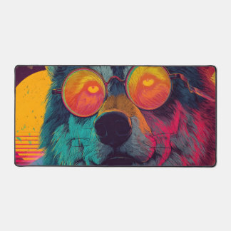 Neon Wolf with Glasses – Retro Synthwave Art Schreibtischunterlage