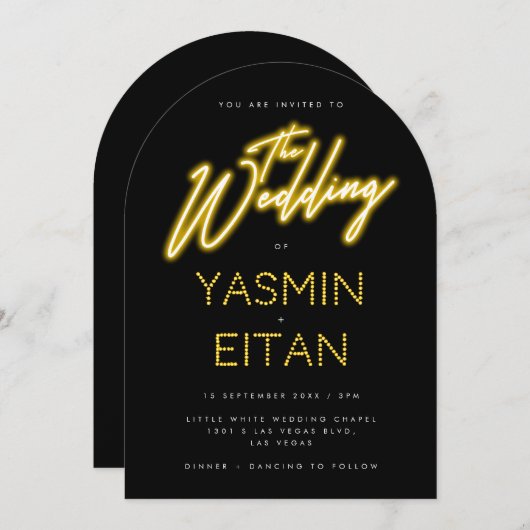 Neon Yellow Glow Script Black Arch Wedding Einladung (Vorne/Hinten)