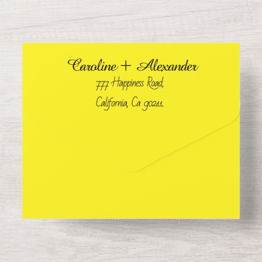 Neon Yellow Retro Modernes, feines Elegant All In One Einladung (Rückseite)