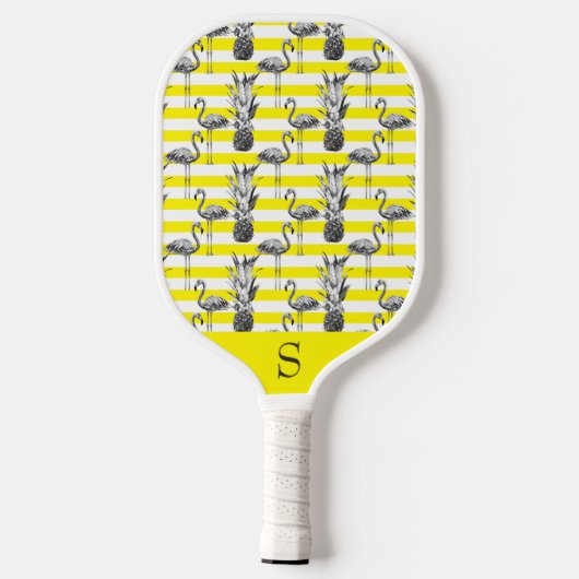 Neon Yellow tropische Ananas Flamingos Custom Pickleball Schläger (Rückseite)