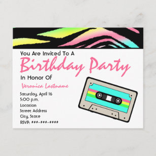 Neon Zebra Print & Cassette Band Geburtstag Einlad Einladung