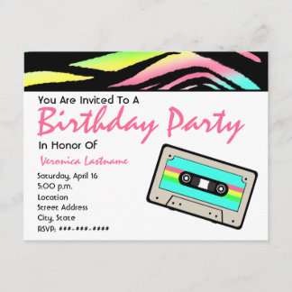 Neon Zebra Print & Cassette Band Geburtstag Einlad Einladung