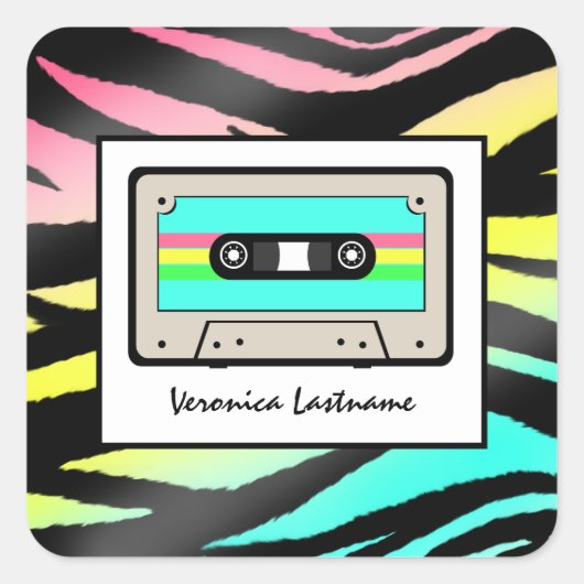 Neon Zebra Print & Cassette Tape Personalisiert Quadratischer Aufkleber (Vorderseite)