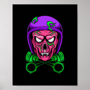 Neon-Zombie-Biker-Totenkopf-Kreuzkolben Poster