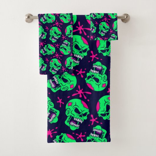 Neon Zombie Skulls Pattern Badhandtuch Set (Insitu)