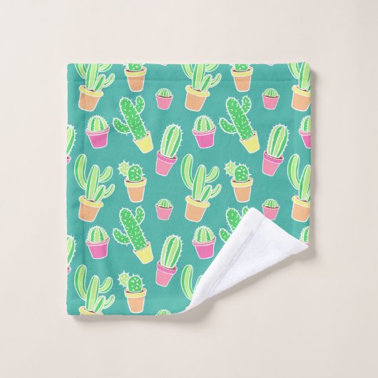 NeonAquarell-Kaktus im Topf-Muster Badhandtuch Set (Waschlappen)