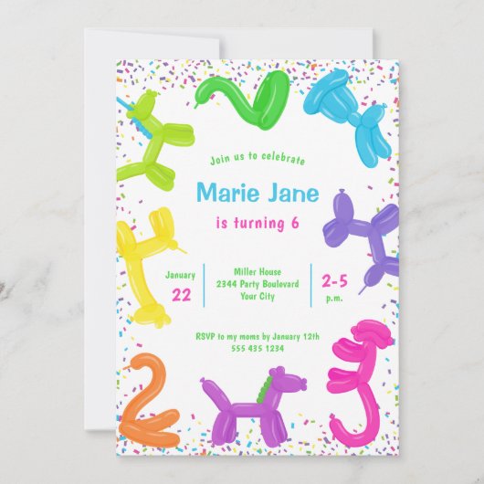 Neonballons, Tierballons Einladung (Vorderseite)