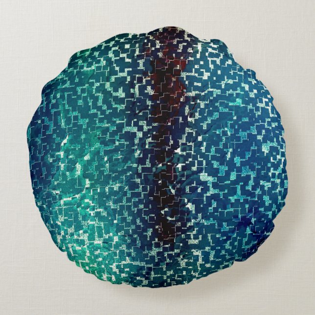 Neonblau-Mosaik über grobkörniges Glas Rundes Kissen (Rückseite)