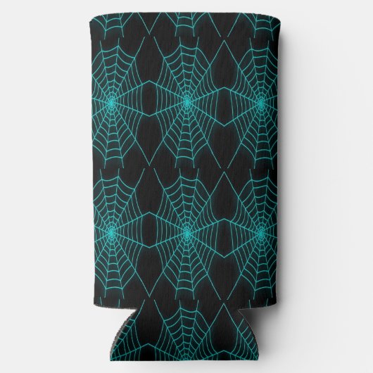 Neonblauer Spinnennetz schwarz Selters Dosenkühler (Rückseite)