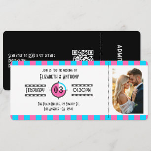 Neonblaues, heißrosa und schwarzes Kinoticket Einladung